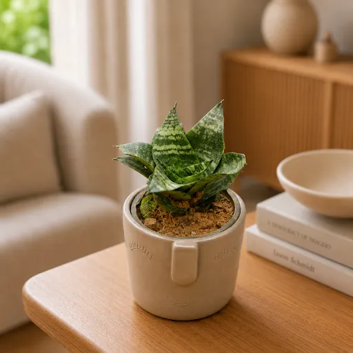 Gift Ready - Snake Green in 3.5 Inch Grey 3D Cute Face Textured Ceramic Pot - in Premium Gifting Box