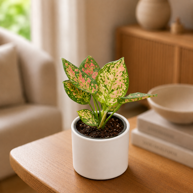 Gift Ready - Aglaonema Pink in 4 Inch White Minimalist Cylindrical Ceramic Pot - With Gift Bag - in Premium Gifting Box