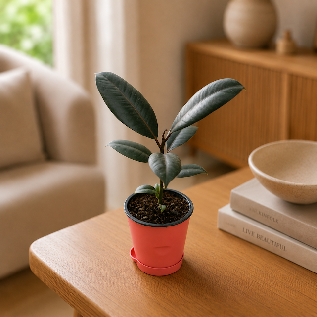 Gift Ready - Rubber Black in 4 Inch Pink Florence Self Watering Pot - in Premium Gifting Box
