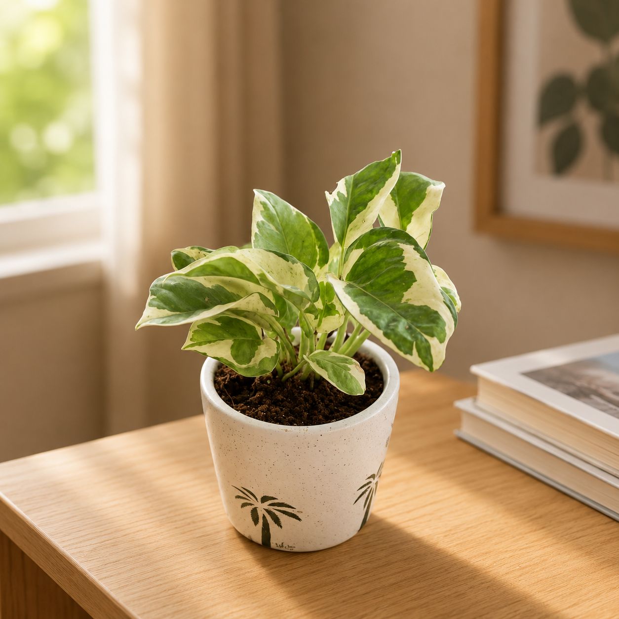 Gift Ready - Marble Money Plant in 4 Inch Ceramic Pot (Any Design, Colour) Wrapped in Lovely Gift Bag For Your Loved Ones