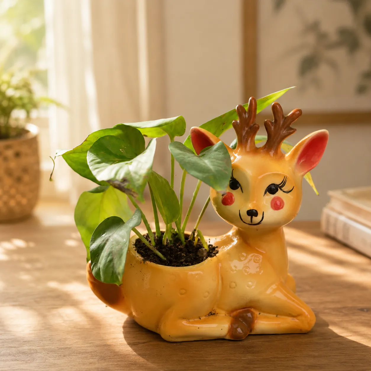Money Plant In 6 Inch Cute Deer Designer Ceramic Pot (Any Colour)