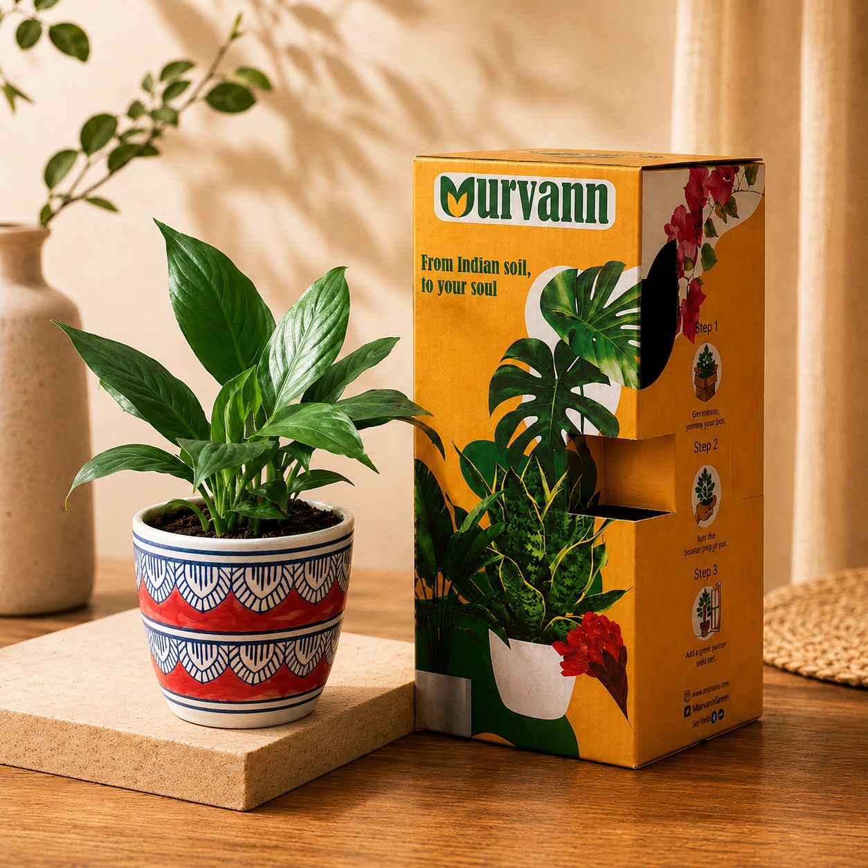 Peace Lily in 4 Inch Heritage Red Pixel Cup Ceramic Planter - In Premium Gifting Box