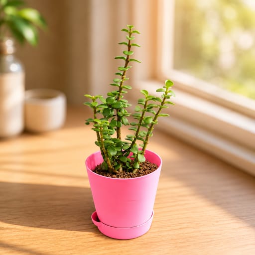 Gift Ready - Jade in 4 Inch Pink Florence Self Watering Pot - in Premium Gifting Box