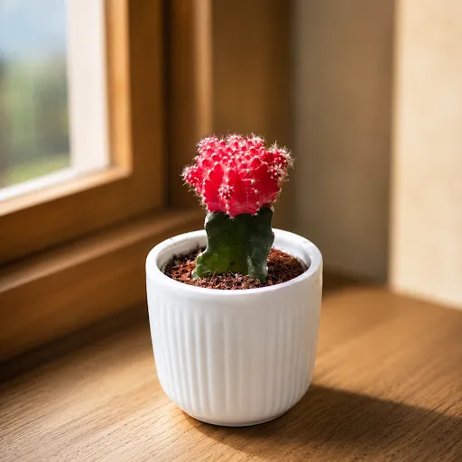 Gift Ready - Moon Cactus (Any Colour) in 3 Inch Elegant White Glass Designer Ceramic Pot