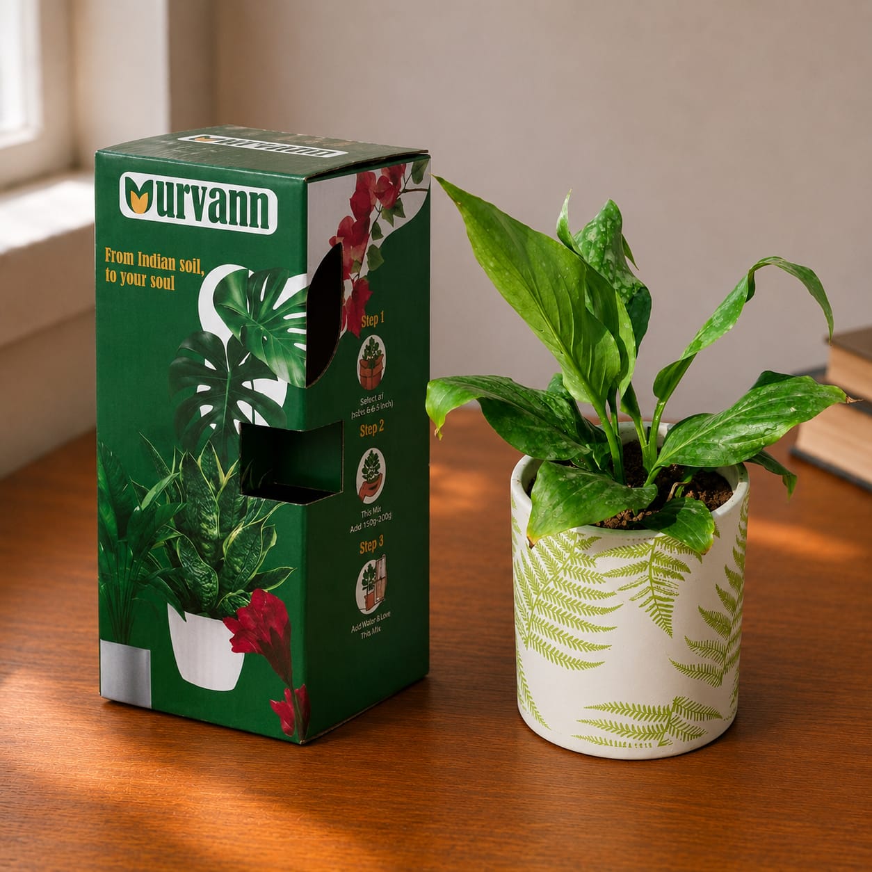 Peace Lily in 4 inch Leaf Garden Stem Pipe Ceramic Planter - in Premium Gifting Box