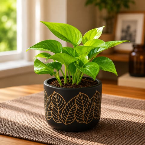 Money Plant Golden in 4 Inch Golden Leaf Premium Clay Terracotta Planter - in Premium Gifting Box