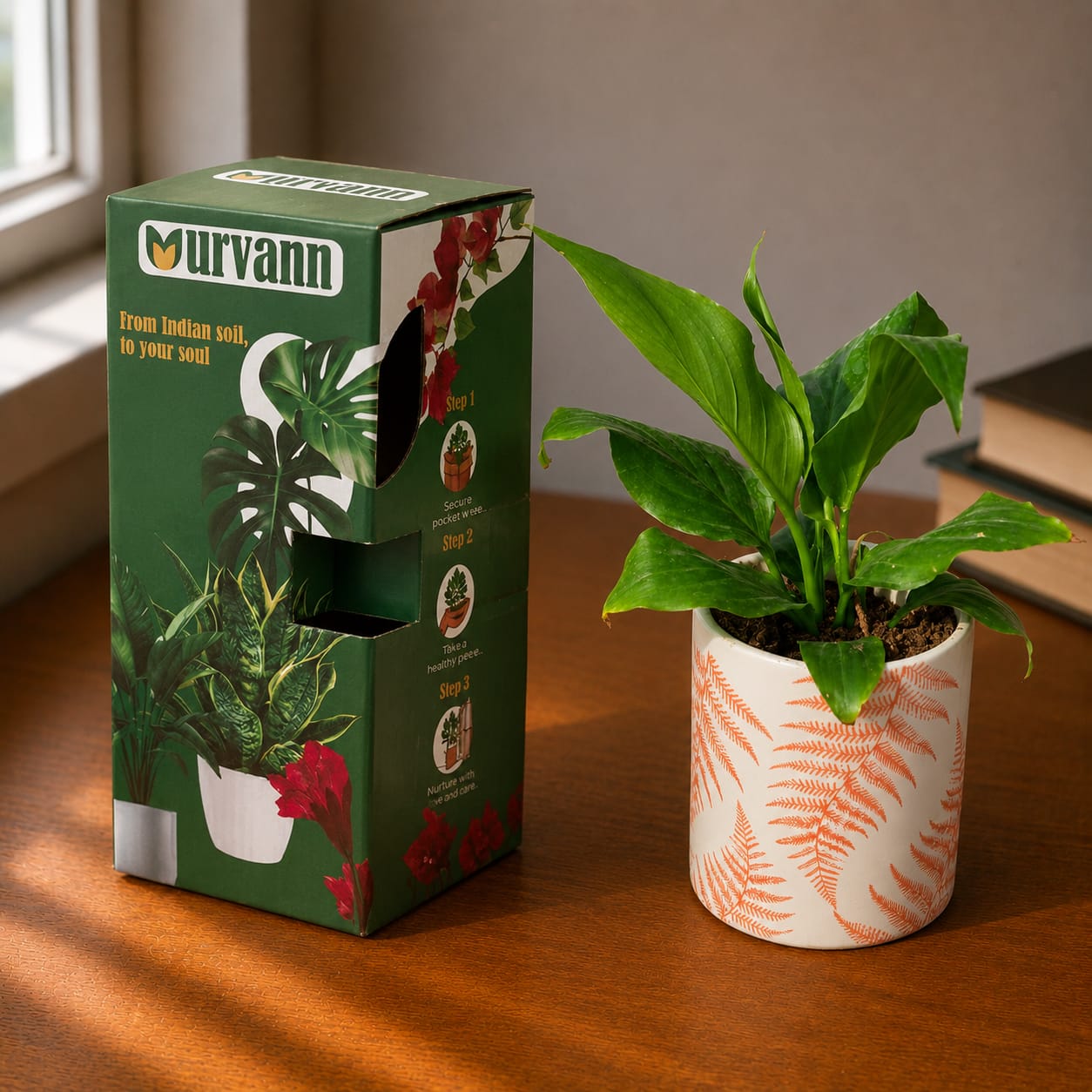 Peace Lily in 4 inch Leaf Sunset Stem Pipe Ceramic Planter - in Premium Gifting Box