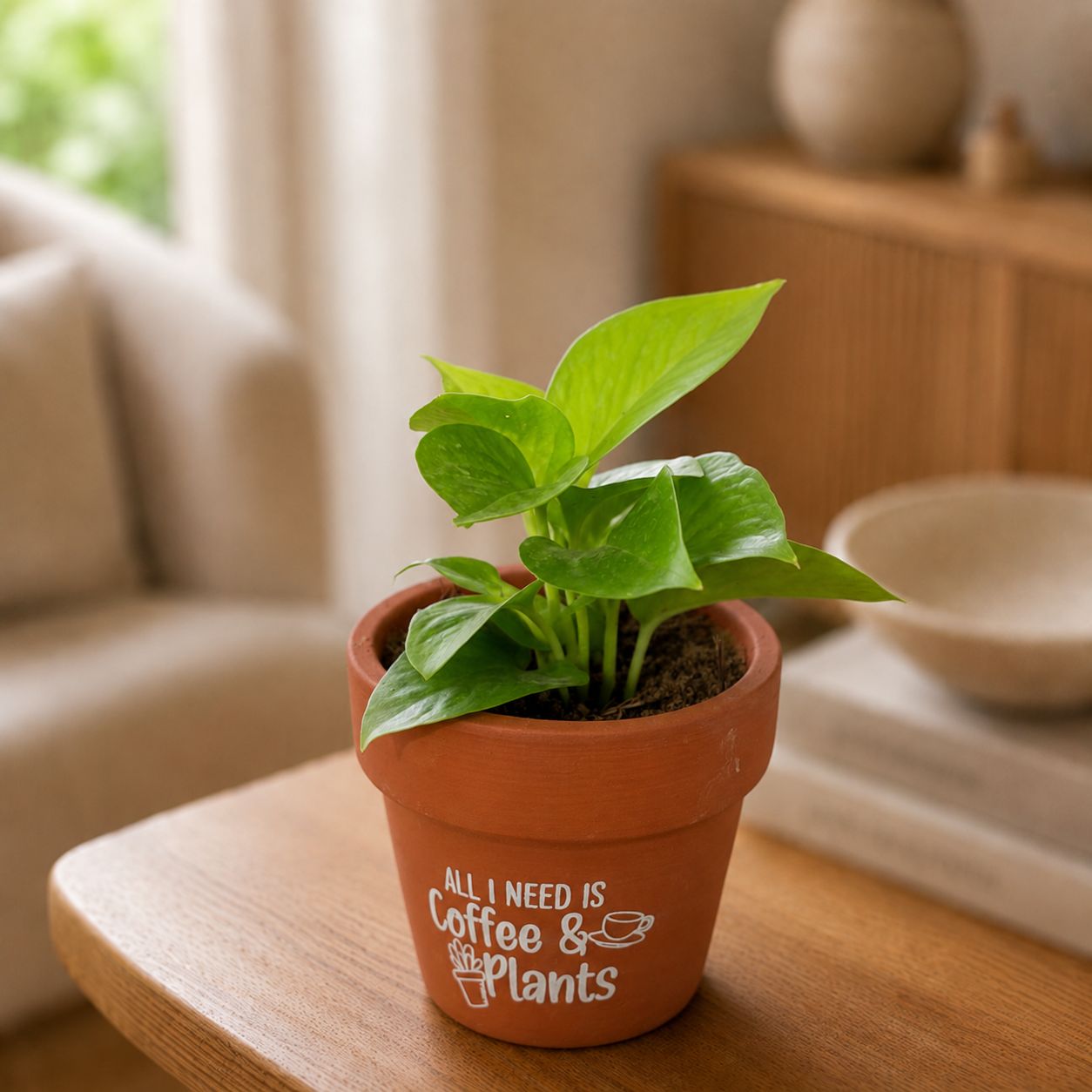 Money Plant Golden in 4 inch Brew & Blosssom Premium Clay Terracotta Planter - in Premium Gifting Box