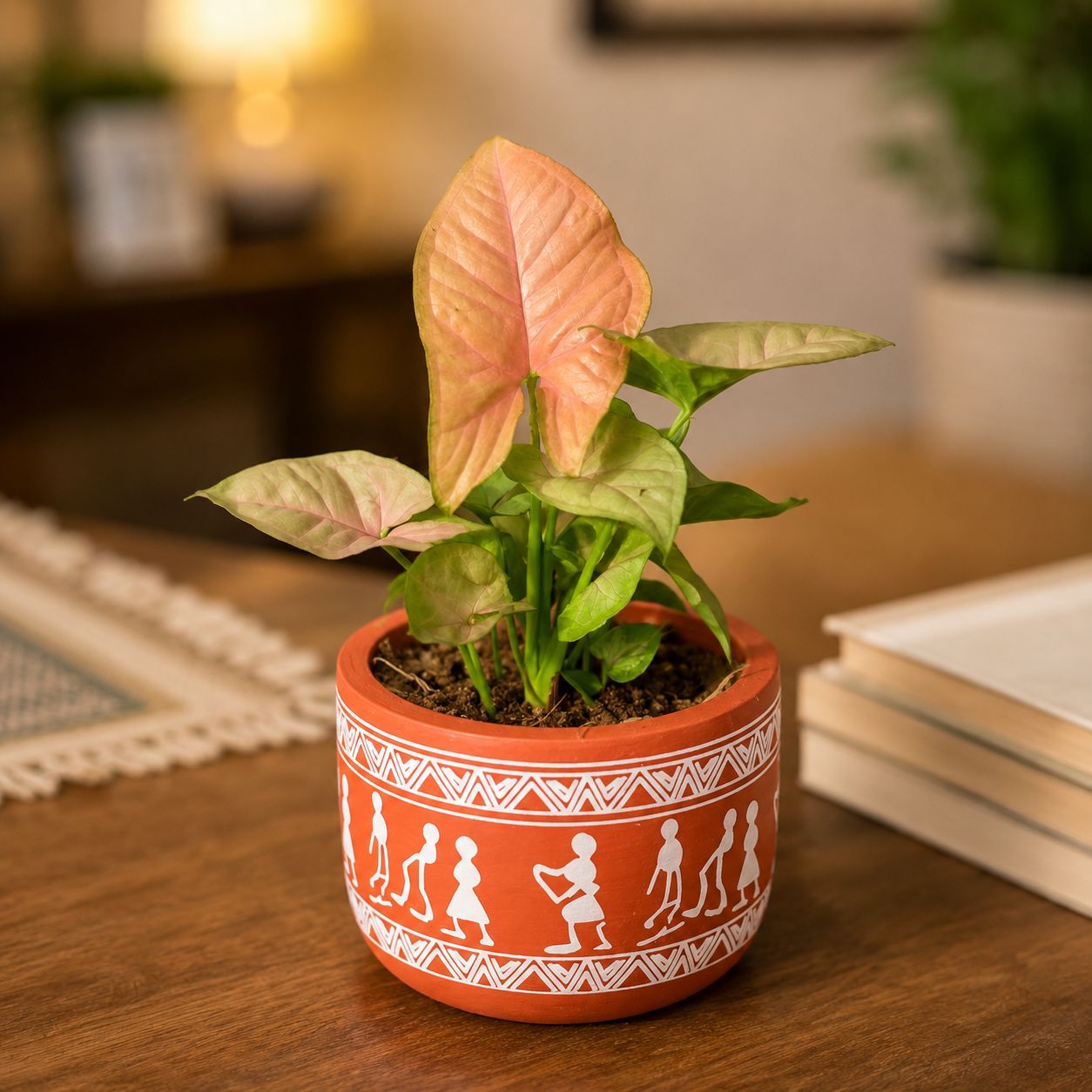 Syngonium Bronze Butterflly in 4 Inch Boho Warli Art Premium Clay Terracotta Planter - in Premium Gifting Box