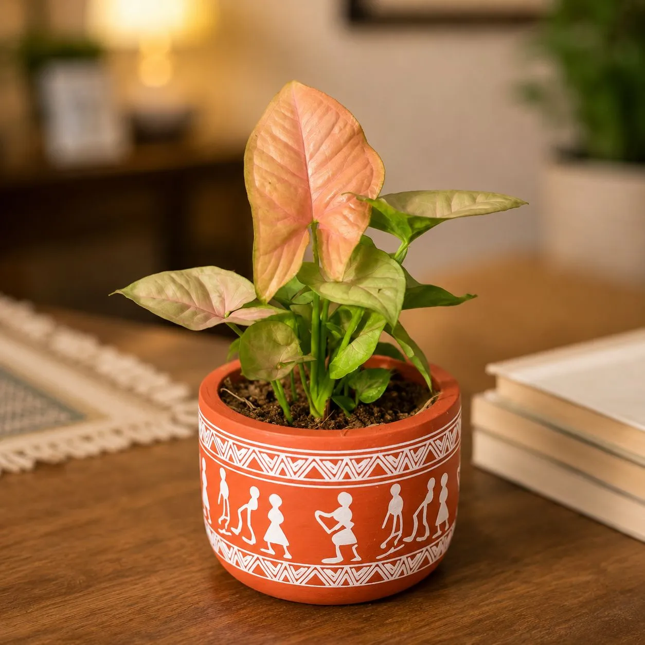 Syngonium Bronze Butterflly in 4 Inch Boho Warli Art Premium Clay Terracotta Planter - in Premium Gifting Box