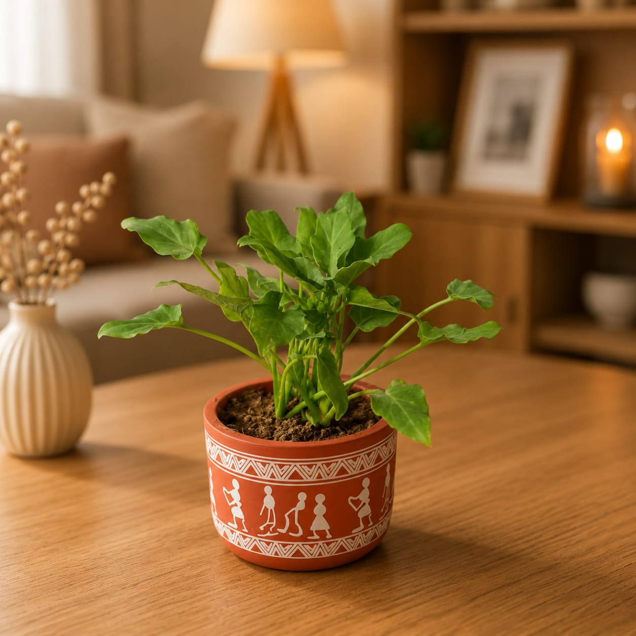Xanadu Green in 4 Inch Boho Warli Art Premium Clay Terracotta Planter - in Premium Gifting Box