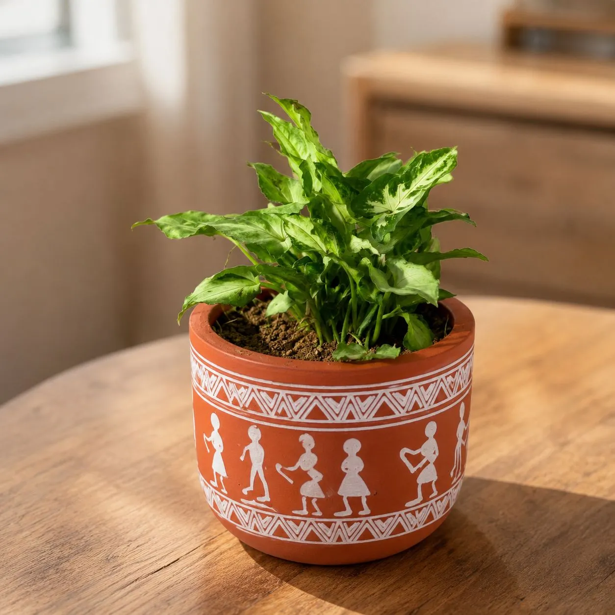 Syngonium Yammi in 4 Inch Boho Warli Art Premium Clay Terracotta Planter - in Premium Gifting Box