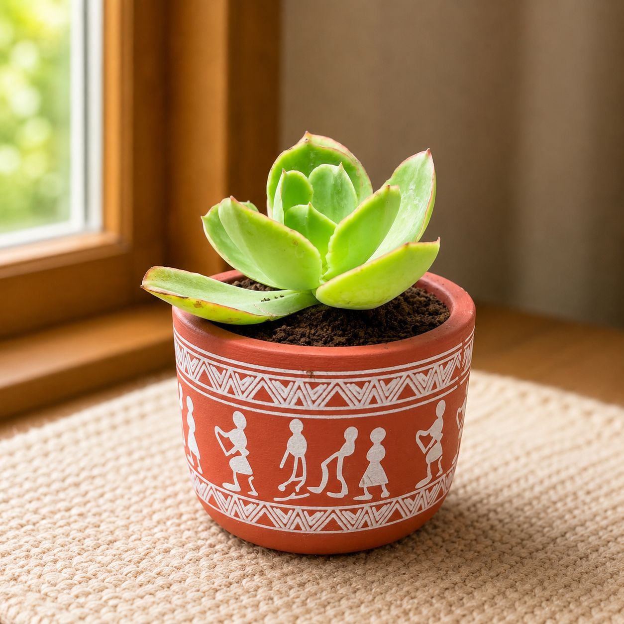 Echeveria Elegans Succulent in 4 inch Boho Warli Art Premium Clay Terracotta Planter - in Premium Gifting Box