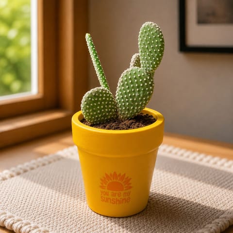 Bunny Ear Cactus in 4 inch Happy Sunshine Premium Clay Terracotta Planter - in Premium Gifting Box