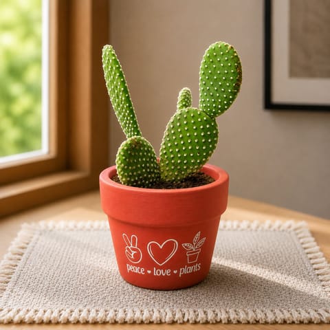 Bunny Ear Cactus in 4 inch Peace Love Plants Premium Clay Terracotta Planter - in Premium Gifting Box