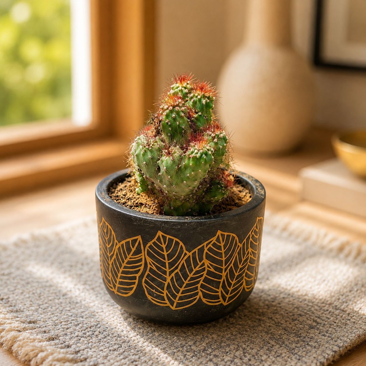 Boxer cactus in 4 inch Golden Leaf Premium Clay Terracotta Planter - in Premium Gifting Box