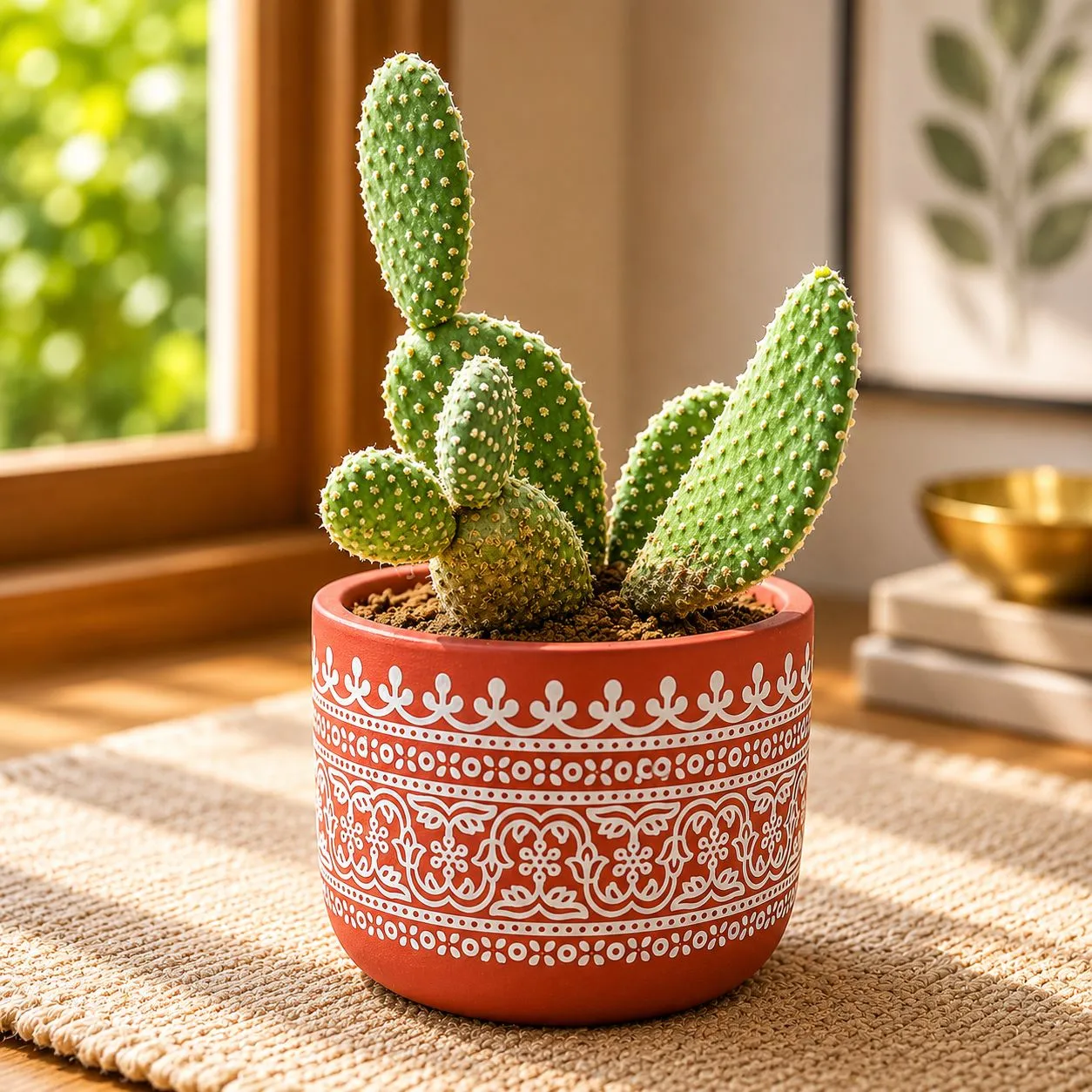 Bunny Ear Cactus in 4 inch Handpainted Mandala Premium Clay Terracotta Planter - in Premium Gifting Box