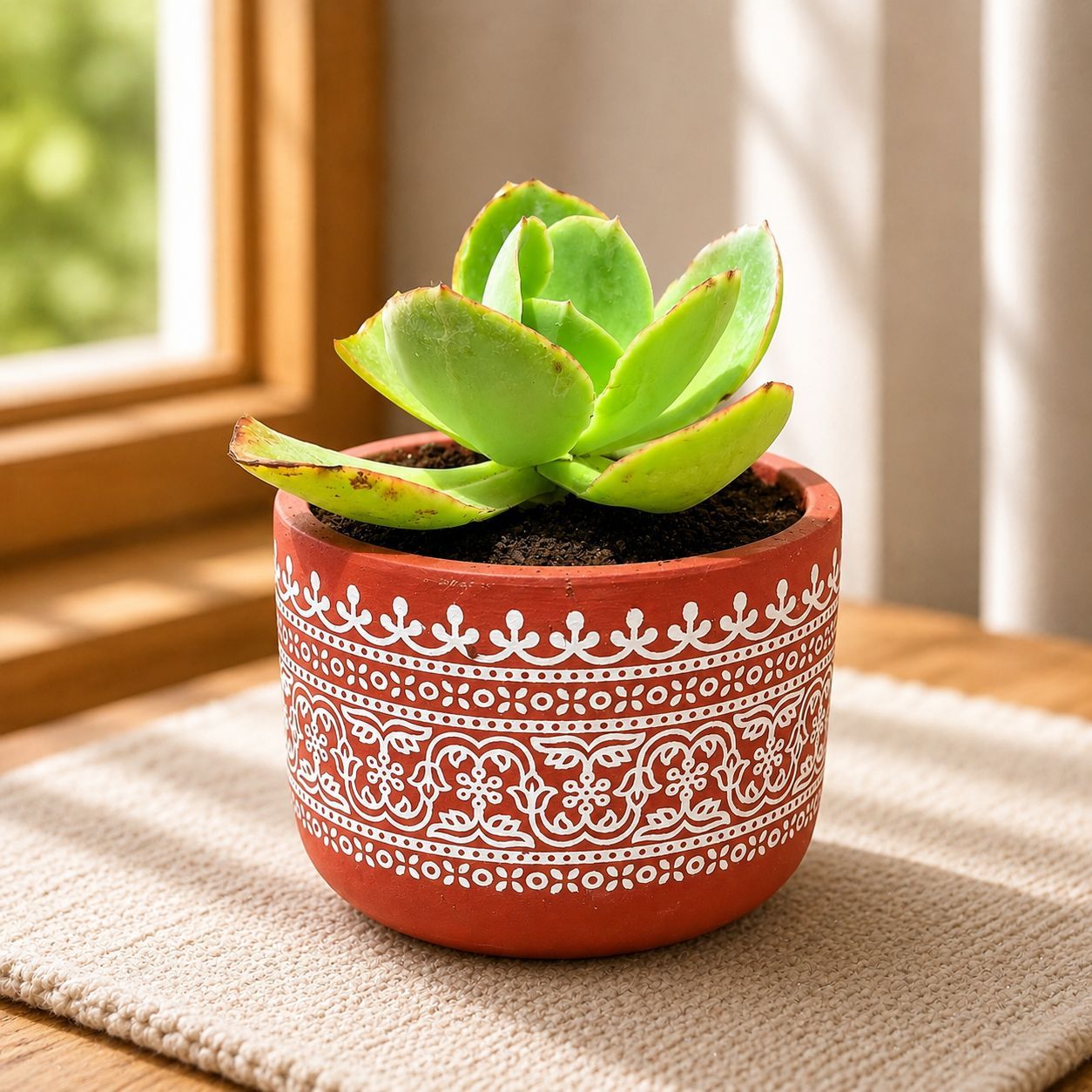 Echeveria Elegans Succulent in 4 inch Handpainted Mandala Premium Clay Terracotta Planter - in Premium Gifting Box