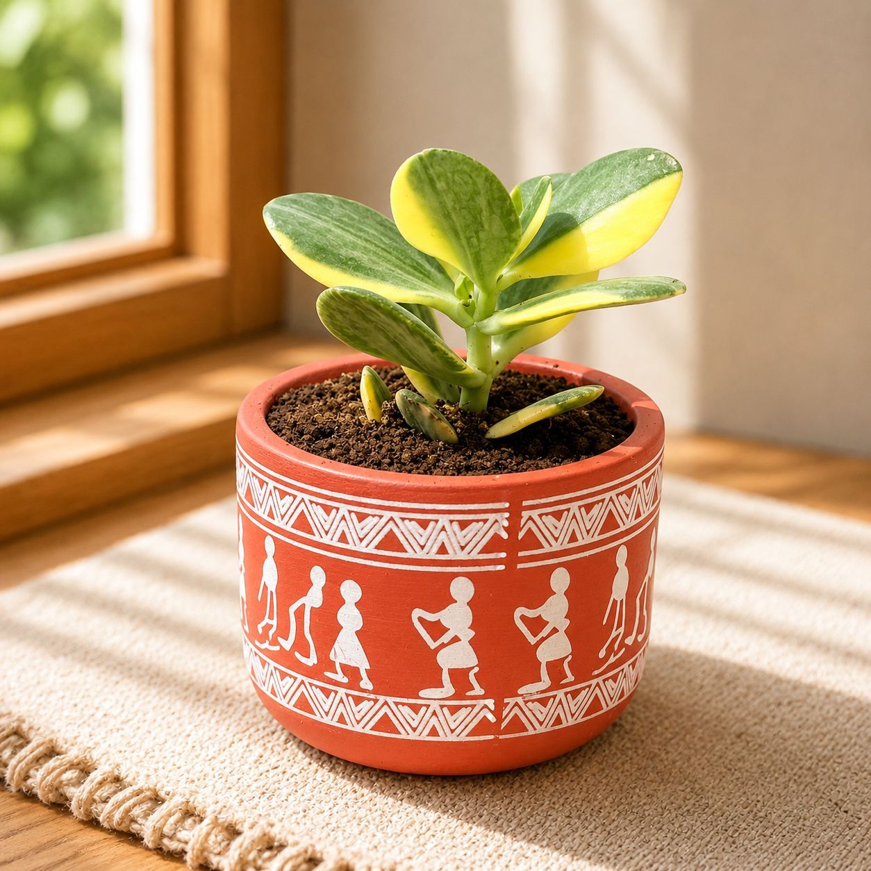 Crassula Variegated Succulent in 4 inch Boho Warli Art Premium Clay Terracotta Planter - in Premium Gifting Box