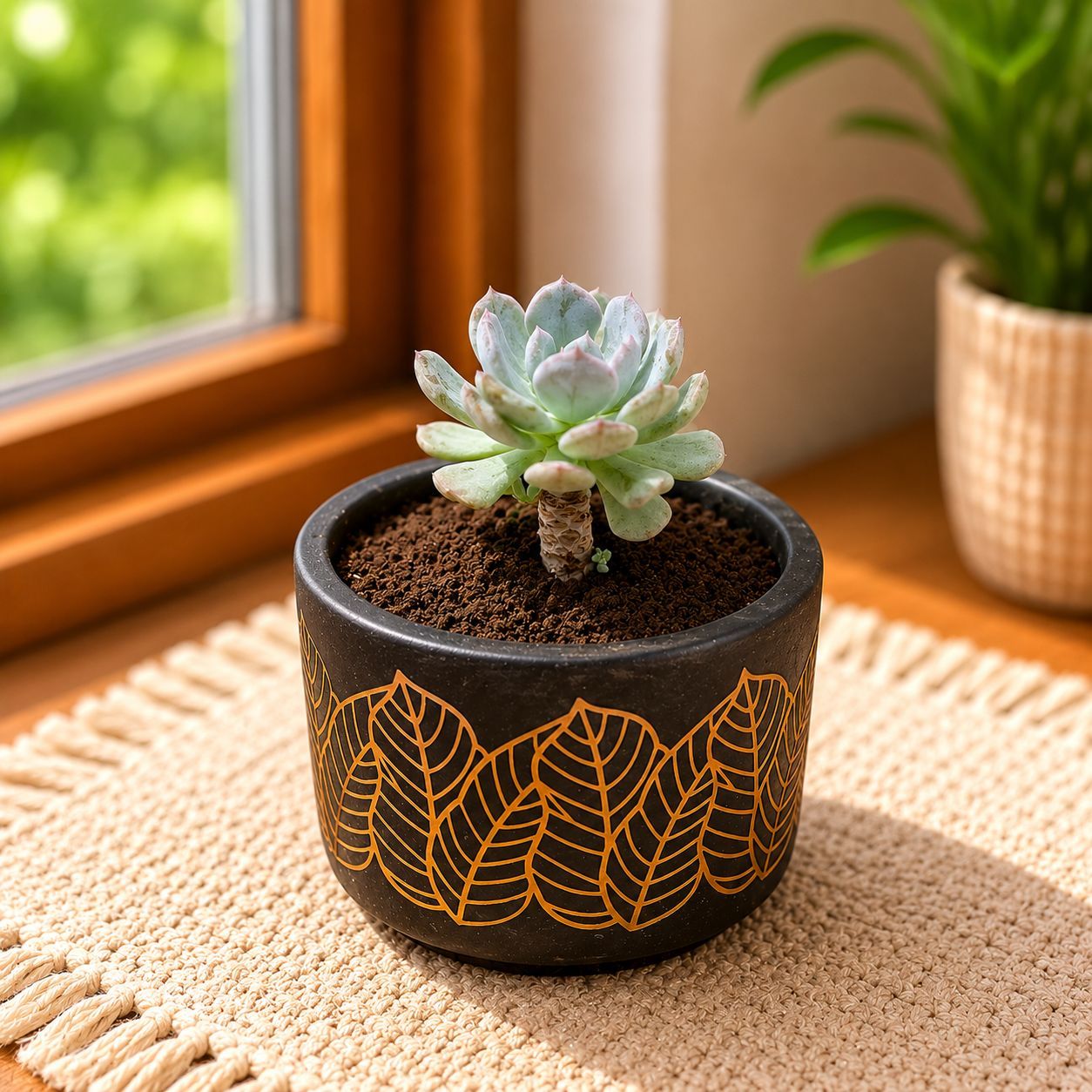 Echeveria Moonglow Succulent in 4 inch Golden Leaf Premium Clay Terracotta Planter - in Premium Gifting Box