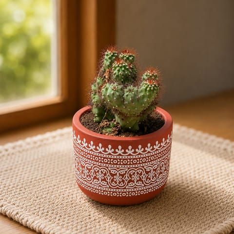Boxer cactus in 4 inch Handpainted Mandala Premium Clay Terracotta Planter - in Premium Gifting Box