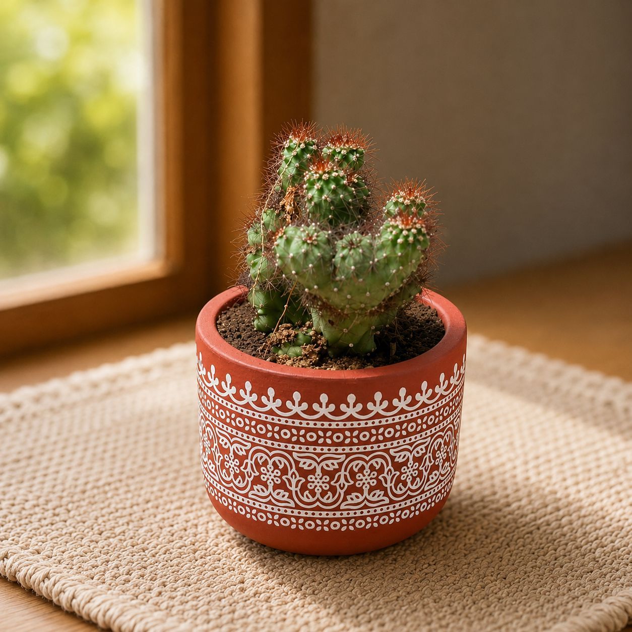 Boxer cactus in 4 inch Handpainted Mandala Premium Clay Terracotta Planter - in Premium Gifting Box