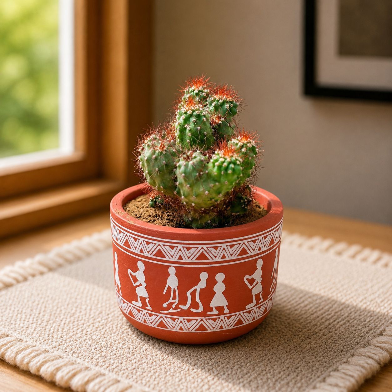 Boxer cactus in 4 inch Boho Warli Art Premium Clay Terracotta Planter - in Premium Gifting Box