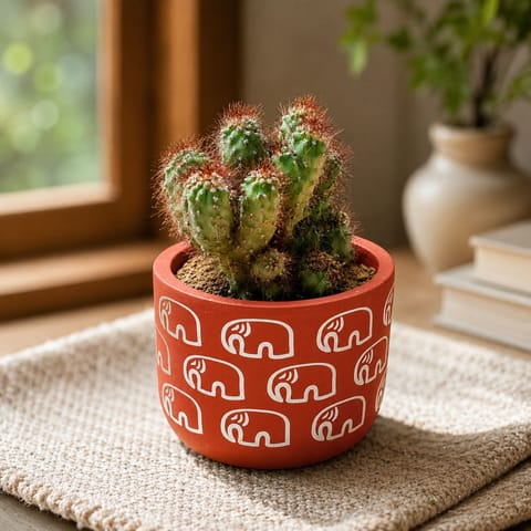 Boxer cactus in 4 inch Gajraaj Premium Clay Terracotta Planter - in Premium Gifting Box