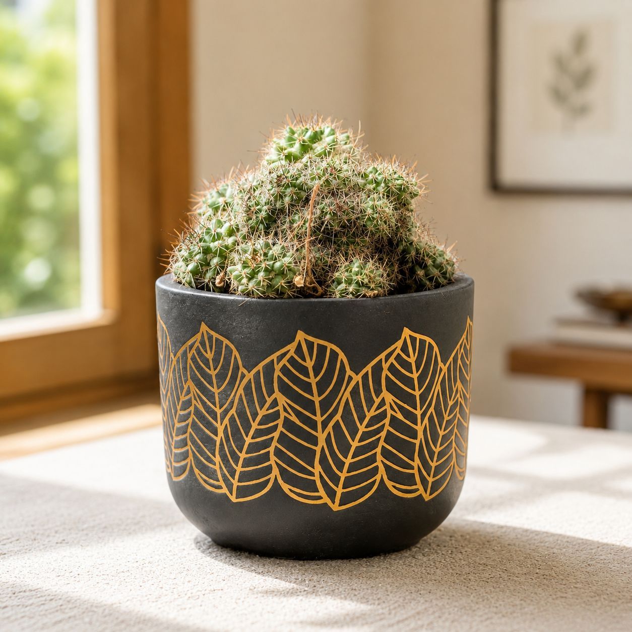 Starburst Spine Cactus  in 4 inch Golden Leaf Premium Clay Terracotta Planter - in Premium Gifting Box
