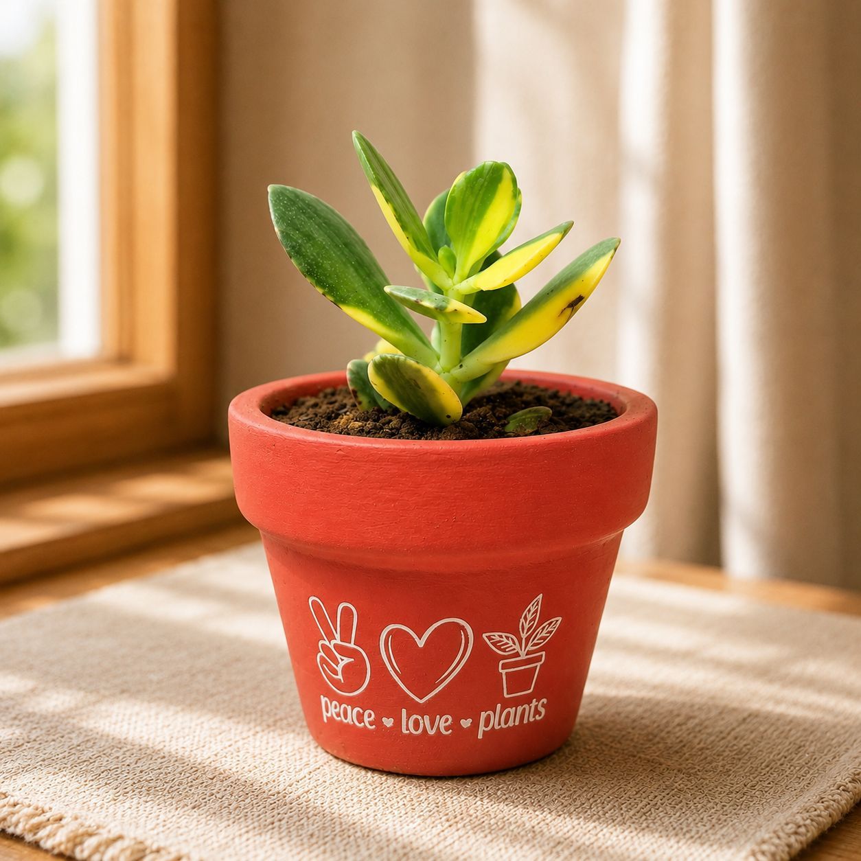 Crassula Variegated Succulent in 4 inch Peace Love Plants Premium Clay Terracotta Planter - in Premium Gifting Box