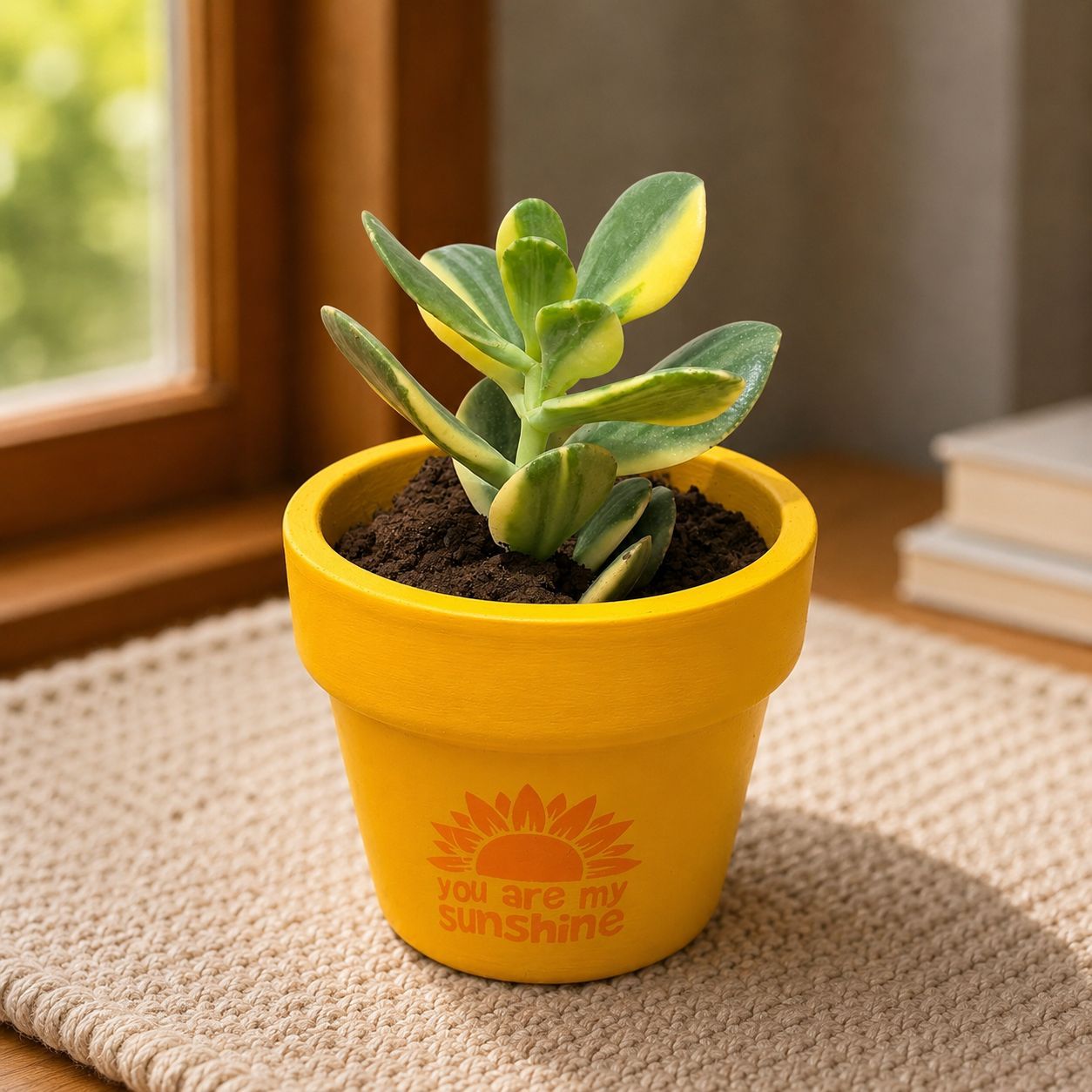 Crassula Variegated Succulent in 4 inch Happy Sunshine Premium Clay Terracotta Planter - in Premium Gifting Box