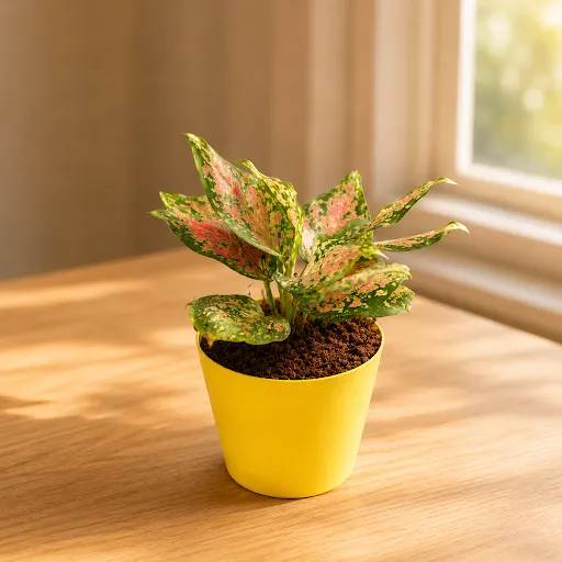 Gift Ready - Aglaonema Pink in 4 Inch Yellow Florence Self Watering Pot - in Premium Gifting Box