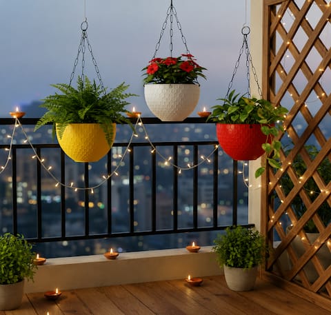 Set of 3 - 6 X 4 Inch White, Red & Yellow Premium Cerana Plastic Hanging Basket