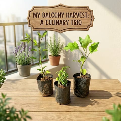 Urban Harvest Trio - Set of 3 - Fresh Tomato, Brinjal & Chilli Power Pack in 3 inch Nursery Bag
