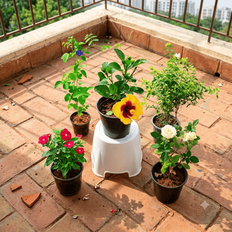 The Nirvana Petals Collection - Set of 5 - Hibiscus / Gudhal, Periwinkle / Sadabahar, Rose / Gulab, Jasmine / Mogra & Aparajita in 6 Inch Nursery Pot