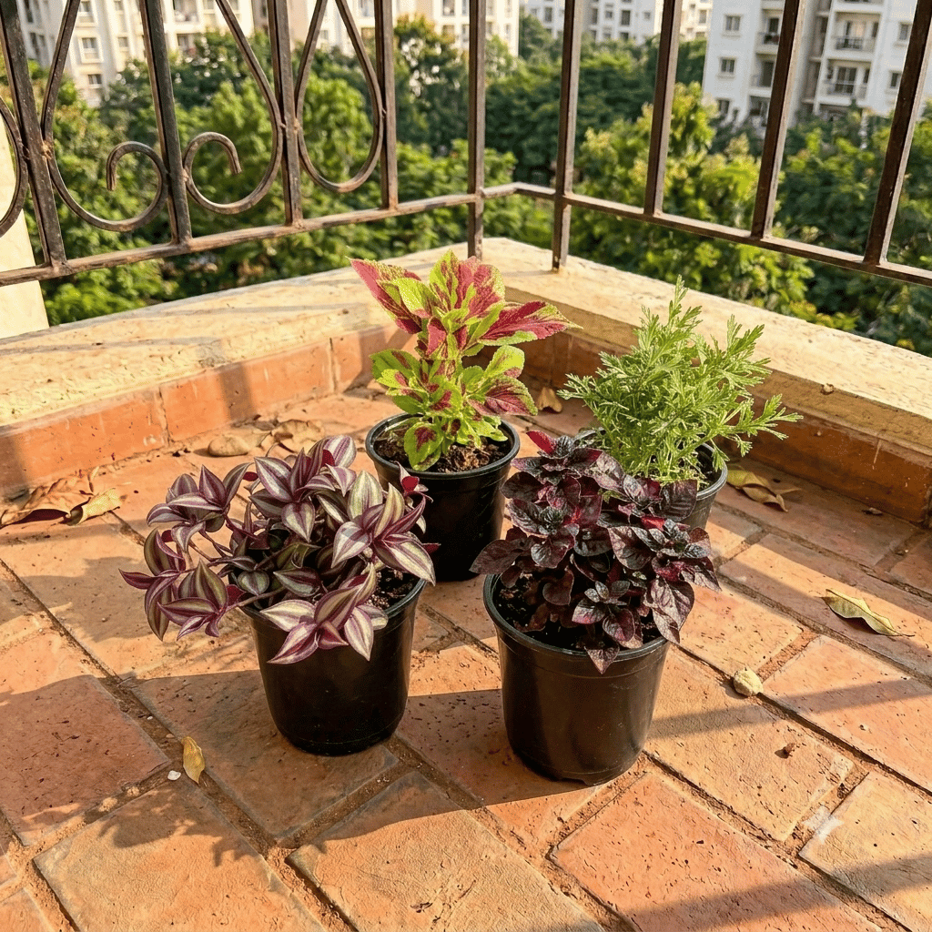 The Indradhanush Foliage - Set of 4 - Coleus, Alternanthera, Lavender & wandering jew in 4 Inch Nursery Pot