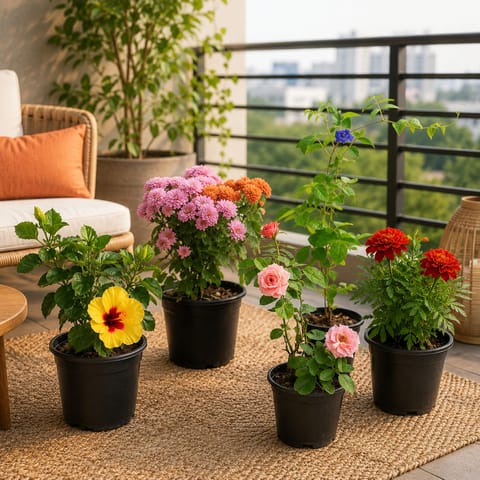 Gleaming Colours - Set of 5 - Chrysanthemum / Guldawari, Hibiscus / Gudhal, Marigold / Genda, Rose / Gulab & Aparajita (any colour) in 5 Inch Nursery Pot