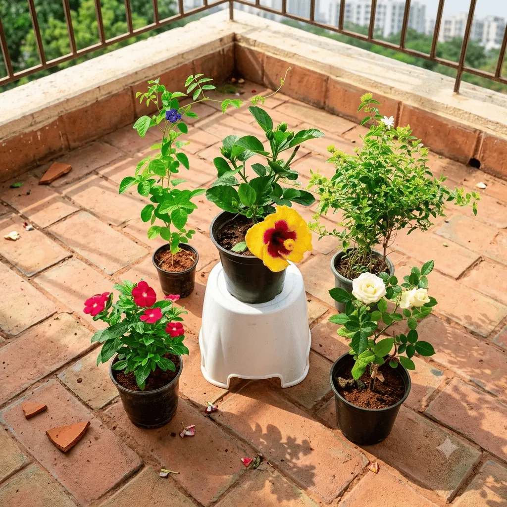 The Nirvana Petals Collection - Set of 5 - Hibiscus / Gudhal, Periwinkle / Sadabahar, Rose / Gulab, Jasmine / Mogra & Aparajita (any colour) in 6 Inch Nursery Pot