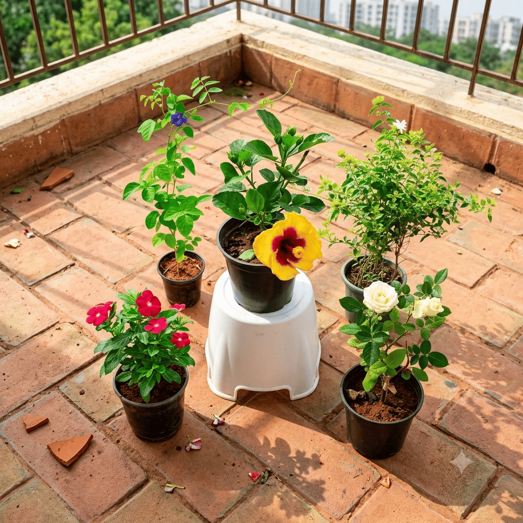 The Nirvana Petals Collection - Set of 5 - Hibiscus / Gudhal, Periwinkle / Sadabahar, Rose / Gulab, Jasmine / Mogra & Aparajita (any colour) in 6 Inch Nursery Pot