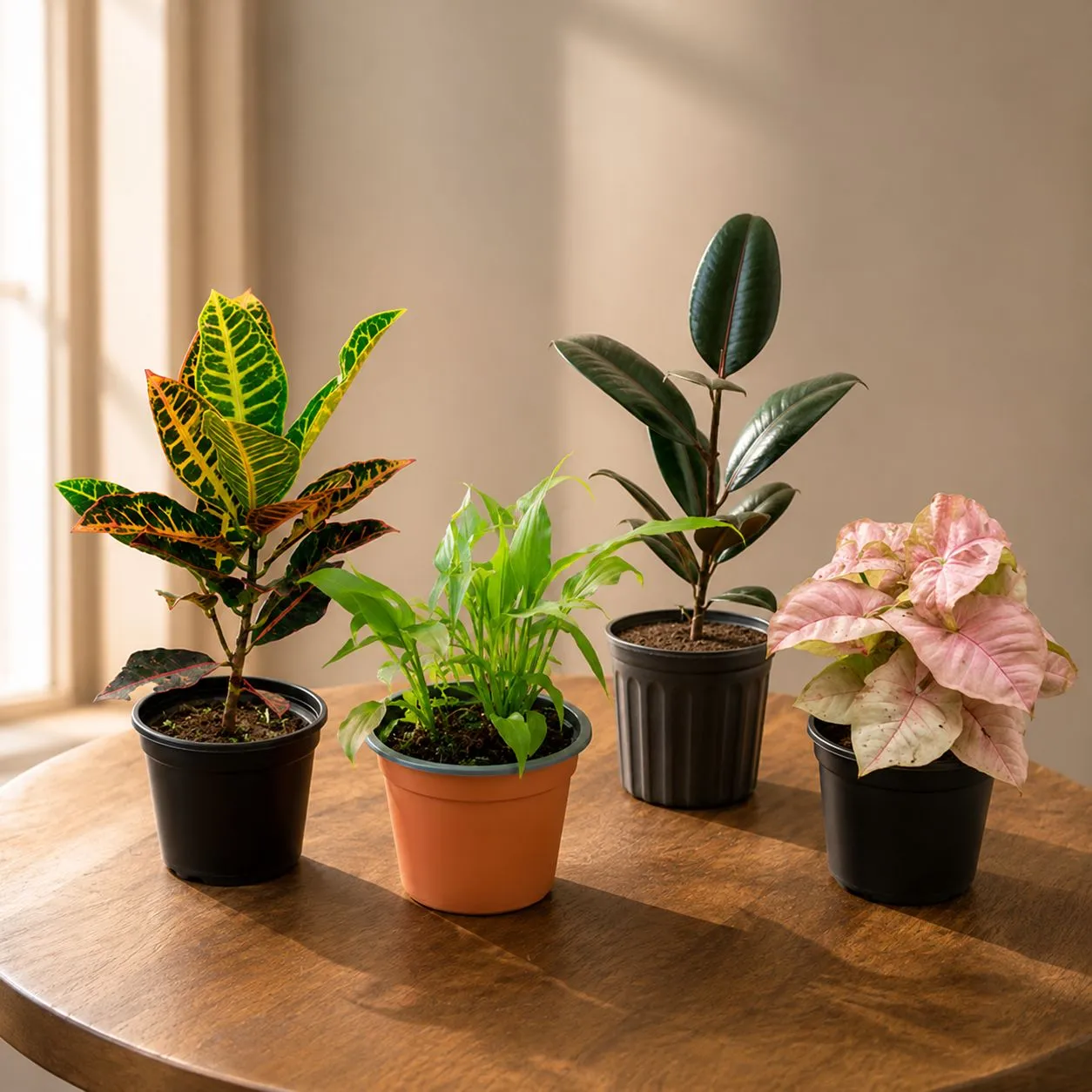 Eden Indoors - Set of 4 - Peace Lily, Rubber Black, Syngonium Pink & Croton Petra in 4 Inch Nursery Pot