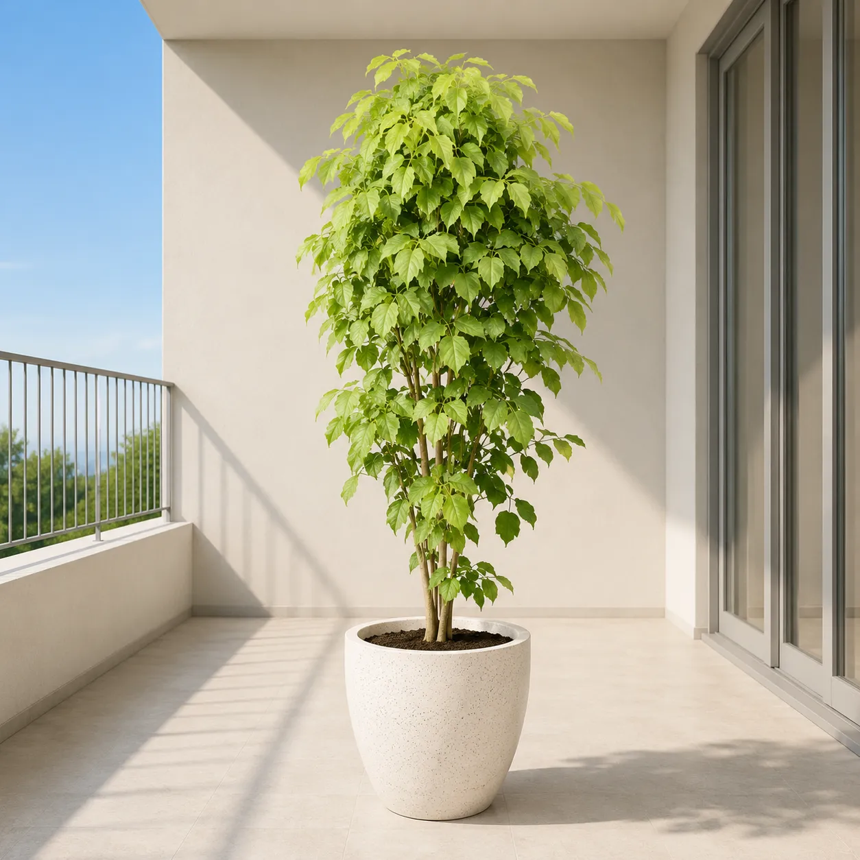 China Doll / Radermachera (~ 3.5 Ft) in 12 Inch White Premium Convessa Fiberglass Planter