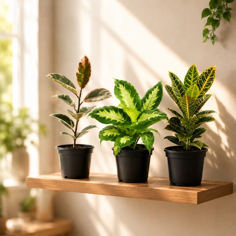 Indoor Plants Combo: Set of 3 - Dieffenbachia, Croton Petra & Rubber Pink Plant in 6 Inch Nursery Pot | Indoor Foliage Trio