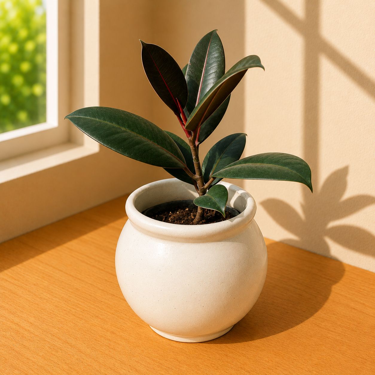 Rubber Plant in 4 Inch Ivory White Matki Ceramic Planter
