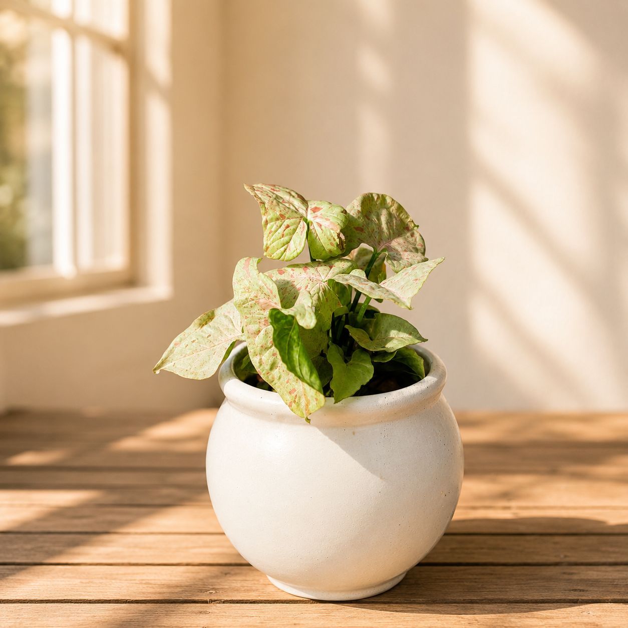 Syngonium Pink in 4 Inch Ivory White Matki Ceramic Planter