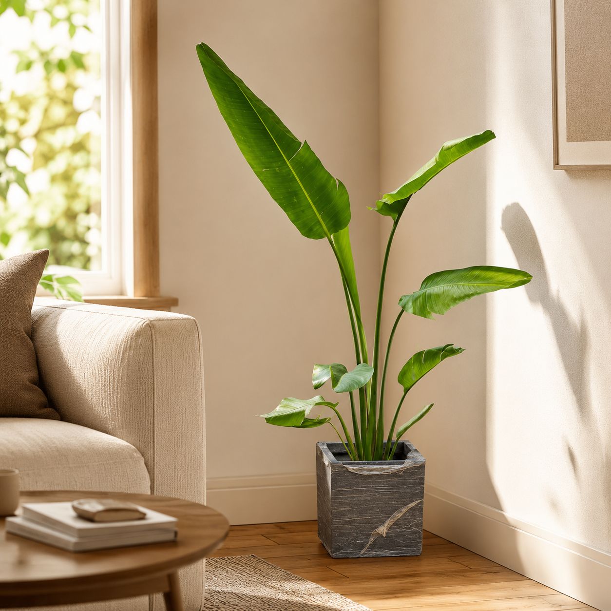 Traveller Palm (~ 4 Ft) in 8 X 8 Inch Grey Premium Kyvos Fiberglass Planter