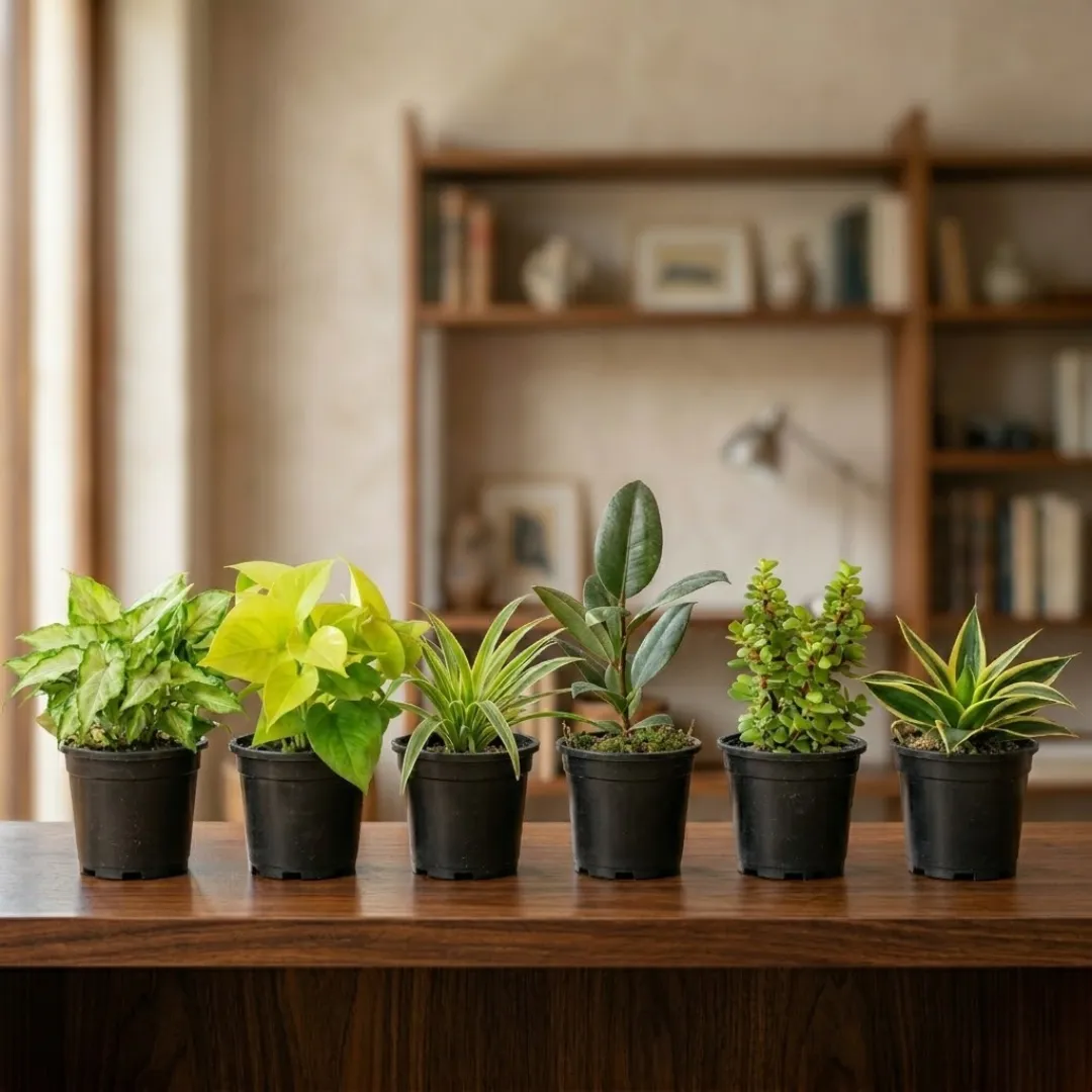 Indoor Plants Combo : Set of 6 - Syngonium, Money Plant, Spider Plant, Rubber Plant, Jade & Snake Dwarf (Any Variety) in 4 Inch Nursery Pots | Best Selling Indoor Plants for Home & Office
