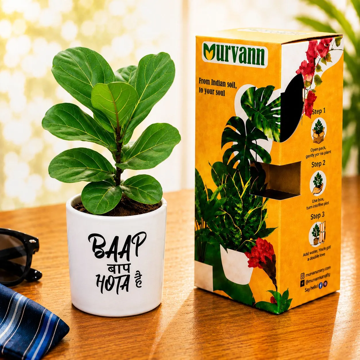 Fiddle Leaf in 4 Inch White Glossy Stem Pipe Ceramic Planter - Gift For Dad