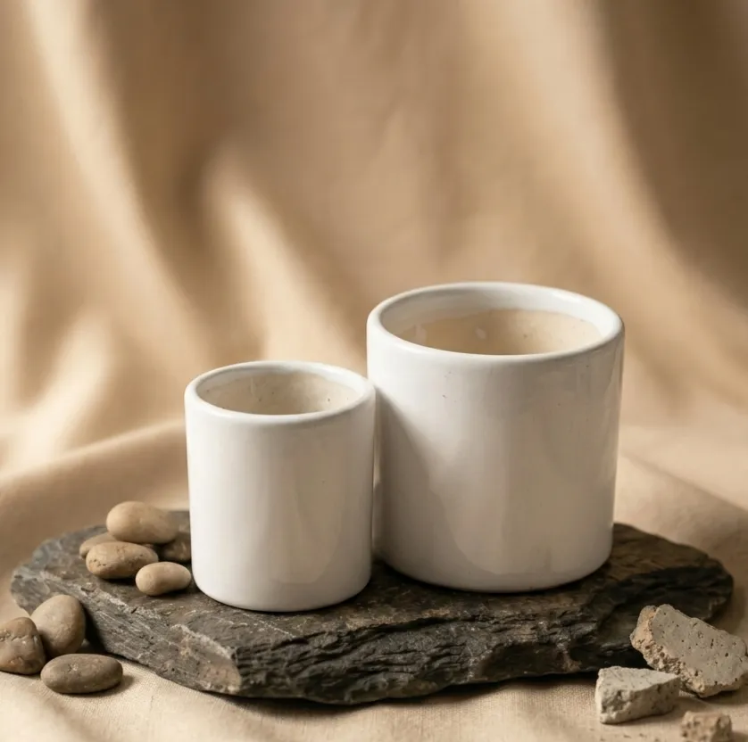 Set of 2 - (3 & 4) Inch White Minimalist Cylindrical Ceramic Pots
