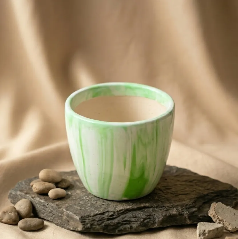 4 Inch Green Marble Handcrafted Cup Ceramic Pot- Gloss Finish Indoor Plant Pot