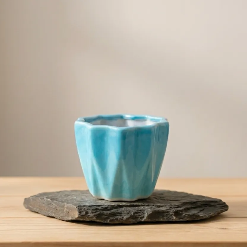 3 Inch Vibrant Sky Blue Ripple Designer Ceramic Pot